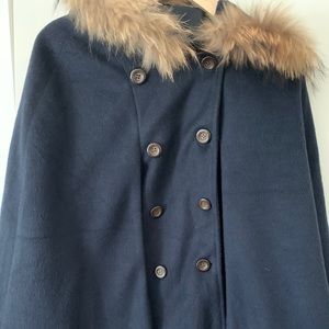 Navy Cashmere Winter Cape coat w fur lined hood